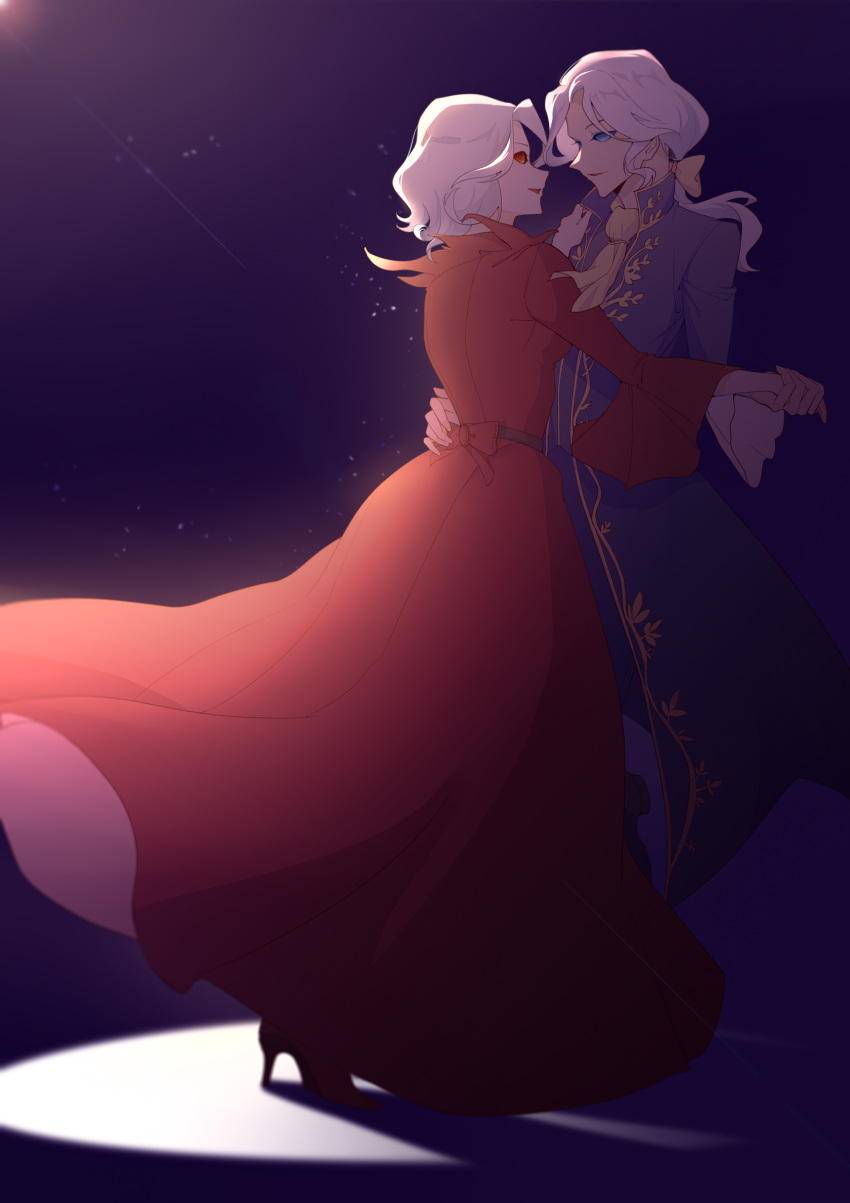 1boy, 1girl, blue_eyes, bow, dancing, dress, face-to-face, frilled_sleeves