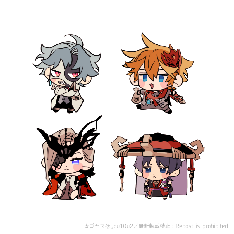 1girl, 3boys, ahoge, bag, black_gloves, black_pants, blonde_hair, blue_eyes