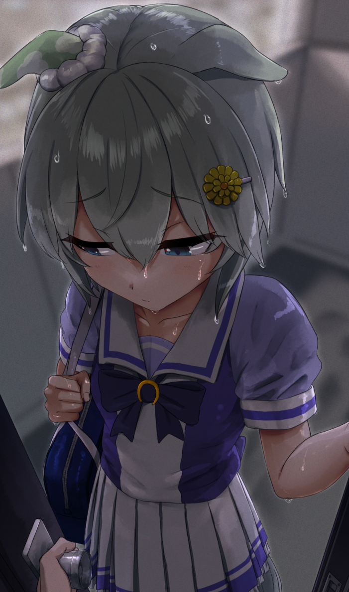 1girl, animal_ears, aoi_tiduru, bag, blue_eyes, blush, closed_mouth, collarbone, door, eyebrows_visible_through_hair, hair_between_eyes, hair_ornament, hairclip, horse_ears, horse_girl, pleated_skirt, school_bag, school_uniform, seiun_sky_(umamusume), short_hair, short_sleeves, shoulder_bag, silver_hair, skirt, solo_focus, tracen_school_uniform, umamusume, wet, wet_clothes, white_skirt
