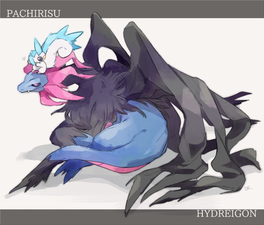 black_sclera, character_name, closed_mouth, colored_sclera, commentary_request, fang, fang_out, gen_4_pokemon, gen_5_pokemon, hydreigon, ngr_(nnn204204), no_humans, on_head, pachirisu, pink_eyes, pokemon, pokemon_(creature), pokemon_on_head