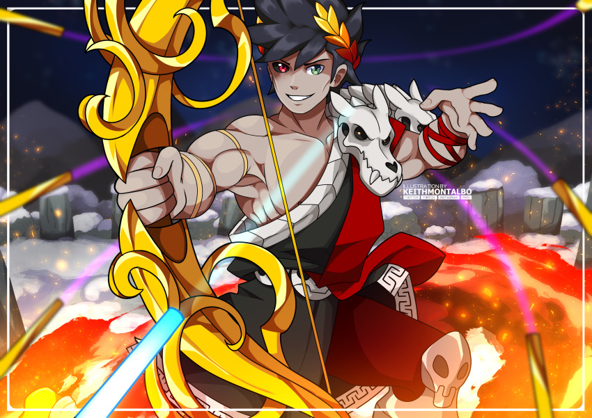 1boy, absurdres, artist_name, black_hair, black_sclera, bow_(weapon), colored_sclera, fire