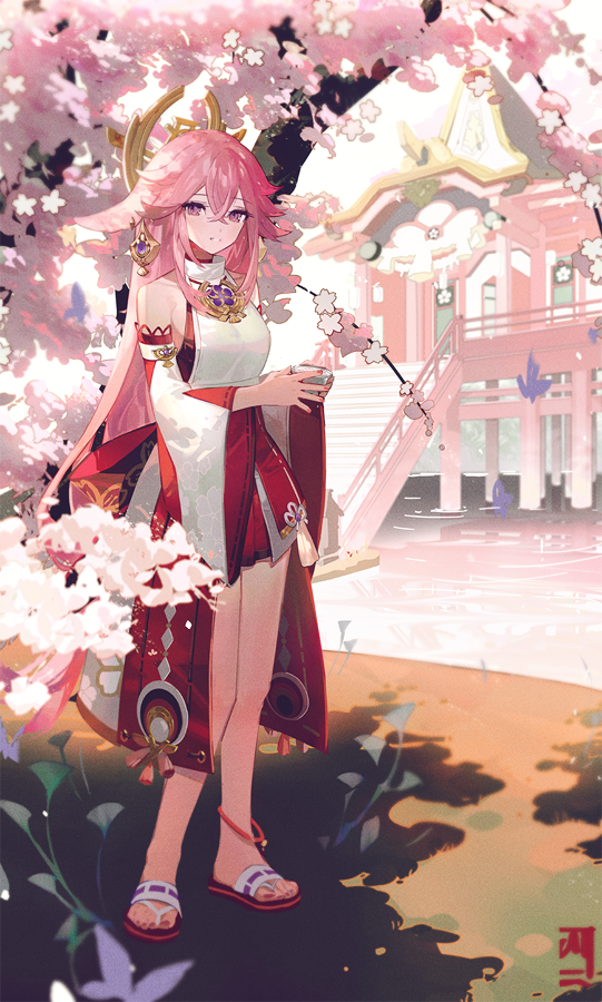 1girl, animal_ears, aona_(ns), back_bow, bangs, black_bow, bow, bridge, cherry_blossoms, crossed_bangs, cup, detached_sleeves, earrings, genshin_impact, grass, hair_flaps, holding, holding_cup, japanese_architecture, jewelry, long_hair, long_sleeves, looking_at_viewer, nontraditional_miko, pink_eyes, pink_hair, red_skirt, ribbon-trimmed_sleeves, ribbon_trim, rope, sandals, shimenawa, shirt, sidelocks, skirt, smile, solo, temple, very_long_hair, water, white_shirt, wide_sleeves, yae_miko