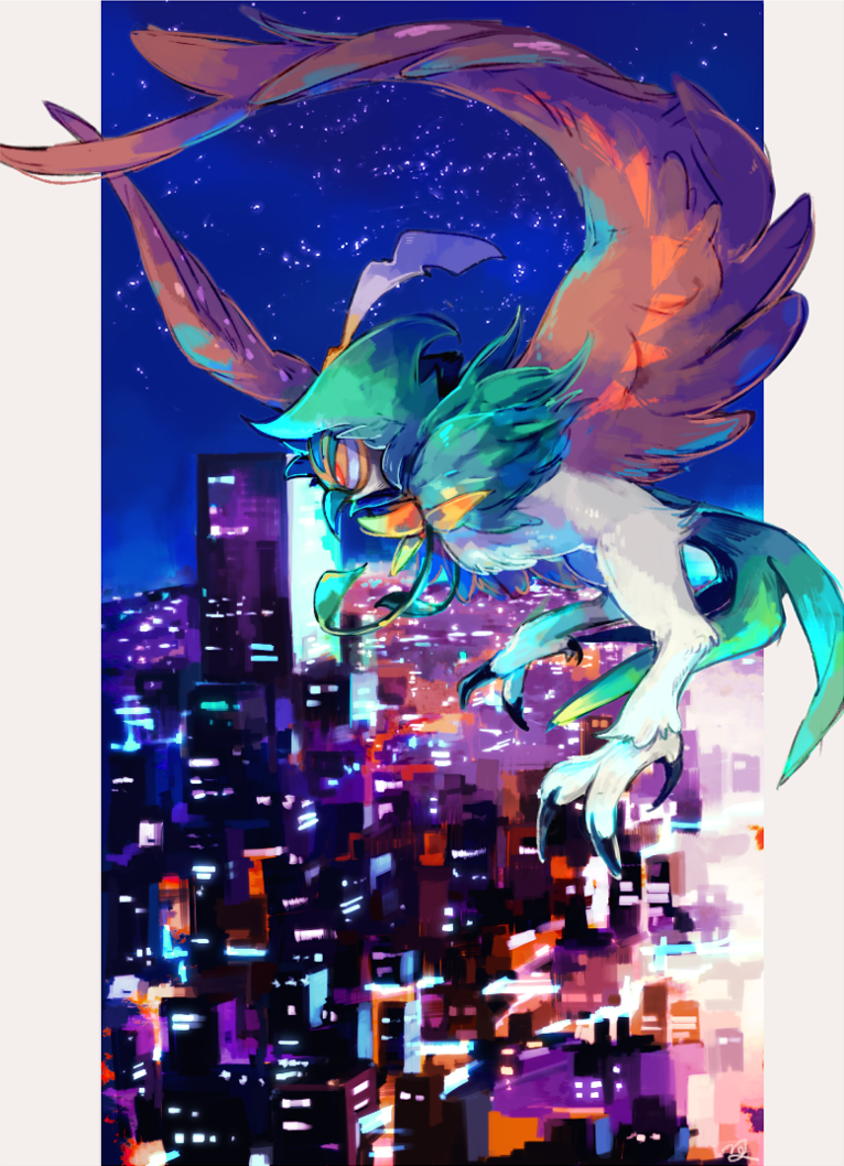 beak, bright_pupils, cityscape, colored_sclera, commentary_request, decidueye, flying, gen_7_pokemon