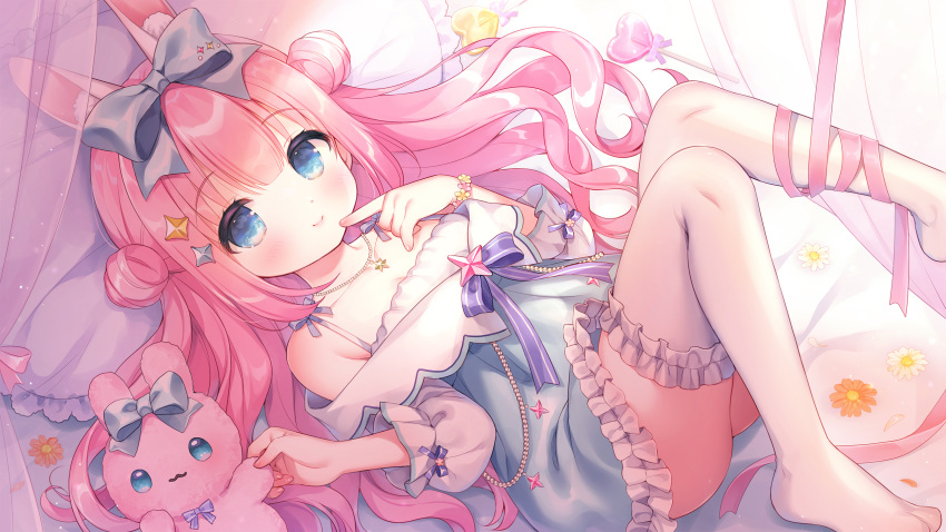 1girl, animal_ear_fluff, animal_ears, bare_shoulders, blue_bow, blue_dress, blue_eyes, blush