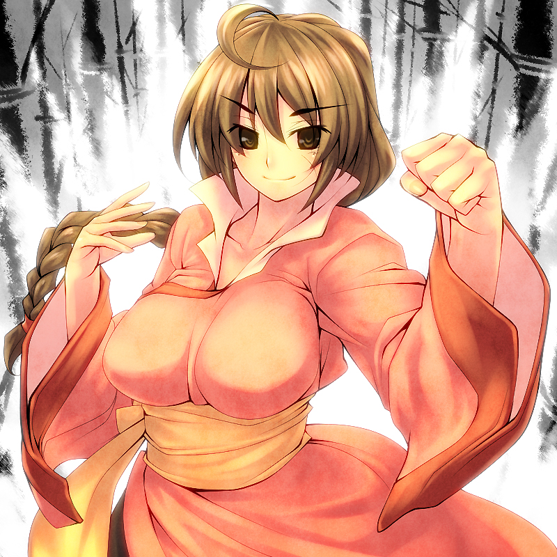 braid, breasts, brown_hair, chinese_clothes, clenched_hand, fist, large_breasts, lei_kugo, live_a_live, long_hair, pigtail, scar, smile, tro