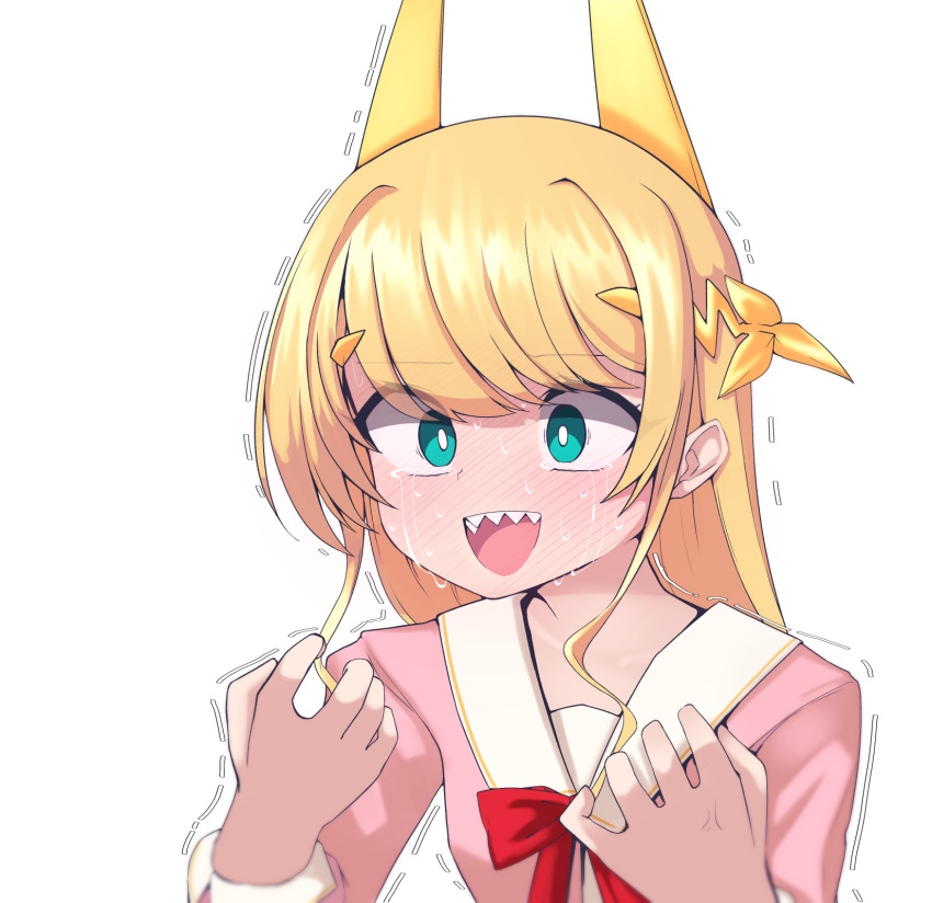 1girl, anger_vein, aqua_eyes, blonde_hair, blush, crying, crying_with_eyes_open, embarrassed, fantasy_bishoujo_juniku_ojisan_to, full-face_blush, genderswap, genderswap_(mtf), headgear, highres, long_hair, rnerhlrl, sharp_teeth, sweat, sweating_profusely, tachibana_hinata_(fabiniku), tears, teeth, very_long_hair
