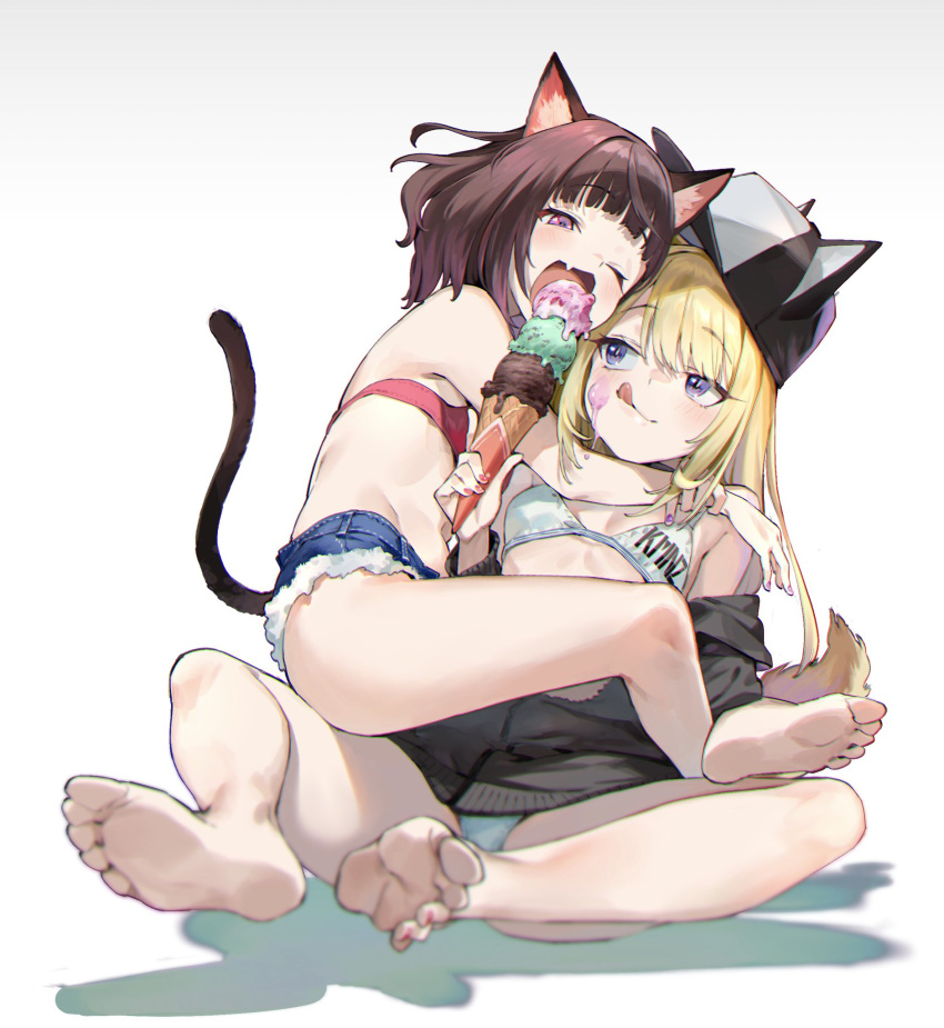 2girls, animal_ears, animal_hat, aqua_bra, aqua_panties, arms_around_neck, bangs, barefoot