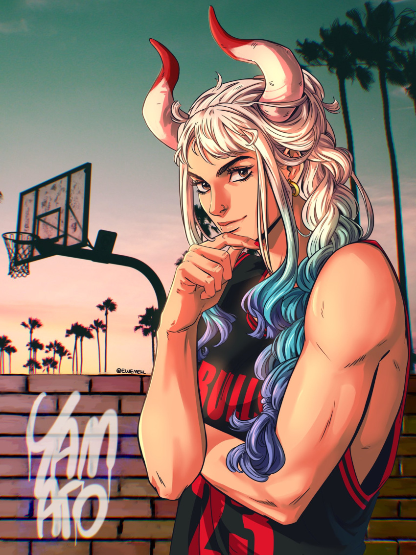 1girl, alternate_costume, alternate_hairstyle, aqua_hair, bare_arms, bare_shoulders, basketball_hoop, basketball_jersey