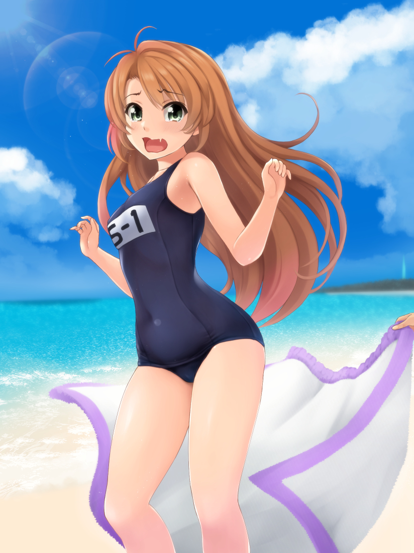 1girl, antenna_hair, bangs, bare_arms, bare_legs, bare_shoulders, black_swimsuit, blue_sky