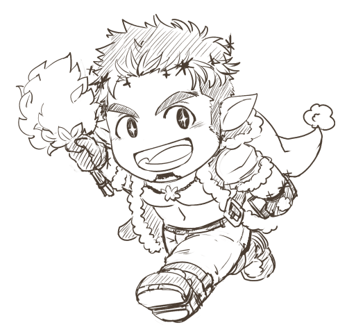 1boy, :d, chibi, facial_hair, full_body, goatee, greyscale, hand_fan, holding, holding_fan, jacket, katoributa_a, long_sideburns, looking_at_viewer, lowres, male_focus, monochrome, open_clothes, open_jacket, open_mouth, pectorals, pointy_ears, santa_costume, short_hair, sideburns, smile, snowflakes, solo, sparkling_eyes, tokyo_houkago_summoners, tomte_(tokyo_houkago_summoners)