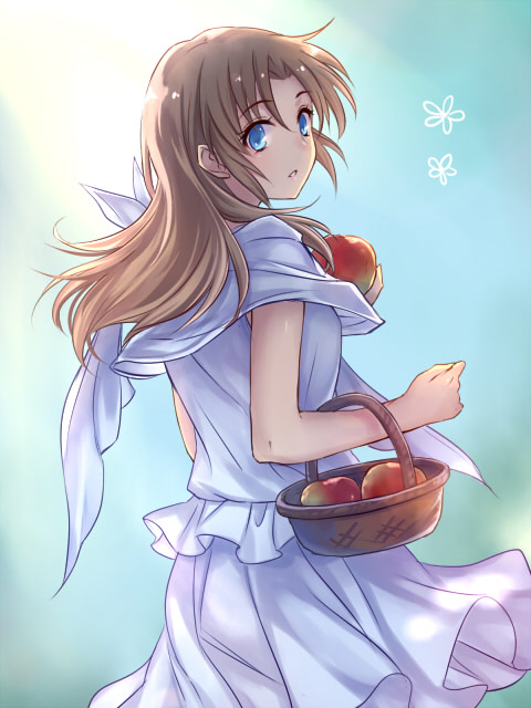 1girl, apple, bangs, basket, blue_background, blue_eyes, brown_hair, eyebrows_visible_through_hair