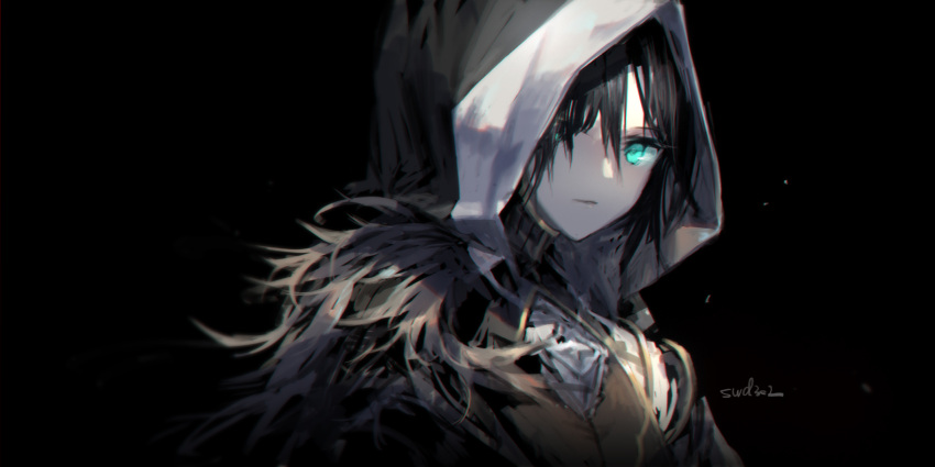 1girl, aprilis_(ys), aqua_eyes, bangs, black_background, black_hoodie, closed_mouth, hair_between_eyes, highres, hood, hood_up, hoodie, looking_at_viewer, portrait, solo, swd3e2, ys_ix_monstrum_nox