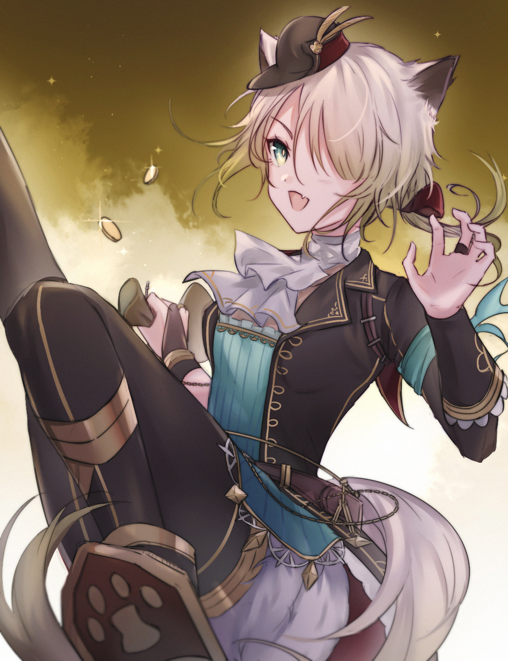 1girl, :d, animal_ears, ascot, black_jacket, black_legwear, bow, bridal_gauntlets