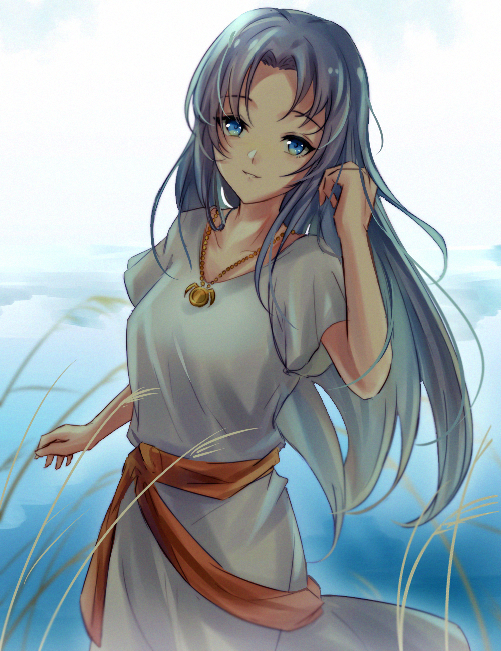 1girl, blue_background, blue_eyes, blue_hair, closed_mouth, collarbone, cowboy_shot, dress