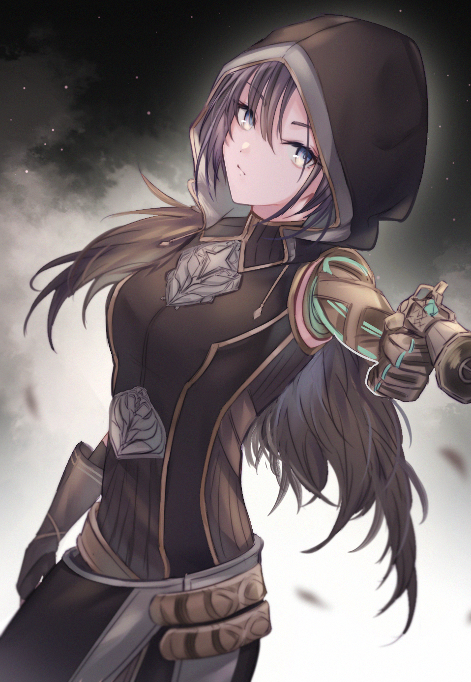 1girl, aprilis_(ys), bangs, black_jacket, black_skirt, blue_eyes, breasts, brown_hair, closed_mouth, eyebrows_visible_through_hair, floating_hair, grey_background, gun, hair_between_eyes, haku_wi, handgun, highres, holding, holding_gun, holding_weapon, hood, hooded_jacket, jacket, long_hair, looking_at_viewer, medium_breasts, prosthesis, prosthetic_arm, skirt, sleeveless, sleeveless_jacket, solo, standing, very_long_hair, weapon, ys_ix_monstrum_nox