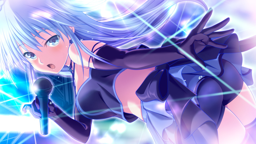 1girl, :d, awata_izuna, bangs, black_bow, black_gloves, black_legwear, blue_eyes, blue_hair, blue_shorts, blue_skirt, bow, breasts, choker, elbow_gloves, eyebrows_visible_through_hair, floating_hair, game_cg, gloves, hair_between_eyes, highres, holding, holding_microphone, idol, kyokugen_chikan_tokuiten_2, layered_skirt, long_hair, looking_at_viewer, m&amp;m, medium_breasts, microphone, midriff, miniskirt, music, official_art, open_mouth, pleated_skirt, purple_choker, short_shorts, shorts, shorts_under_skirt, singing, skirt, smile, solo, stage, star_(symbol), star_choker, thigh-highs, very_long_hair
