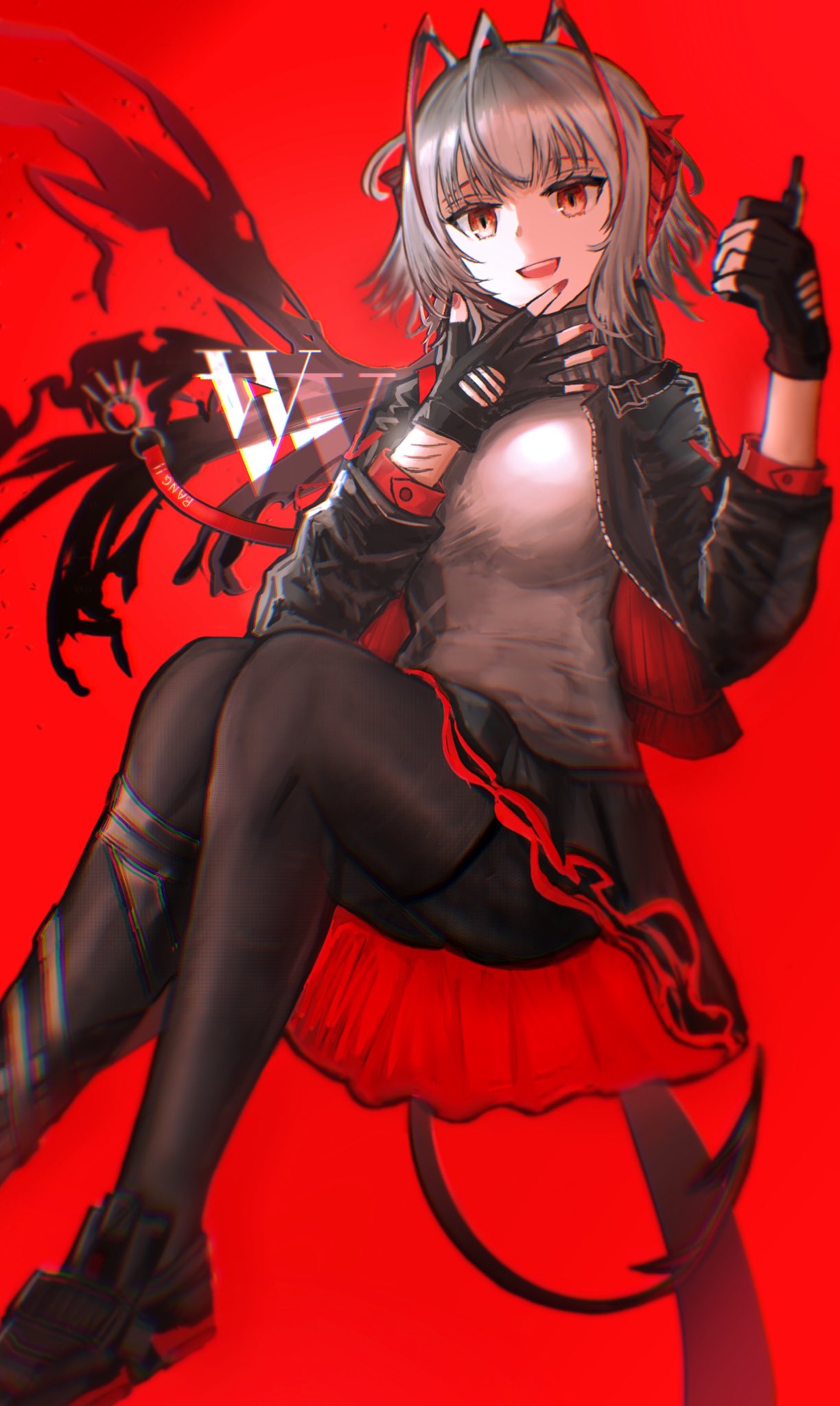 1girl, antenna_hair, arknights, bangs, demon_horns, fingerless_gloves, gloves, hachiko_(0088)