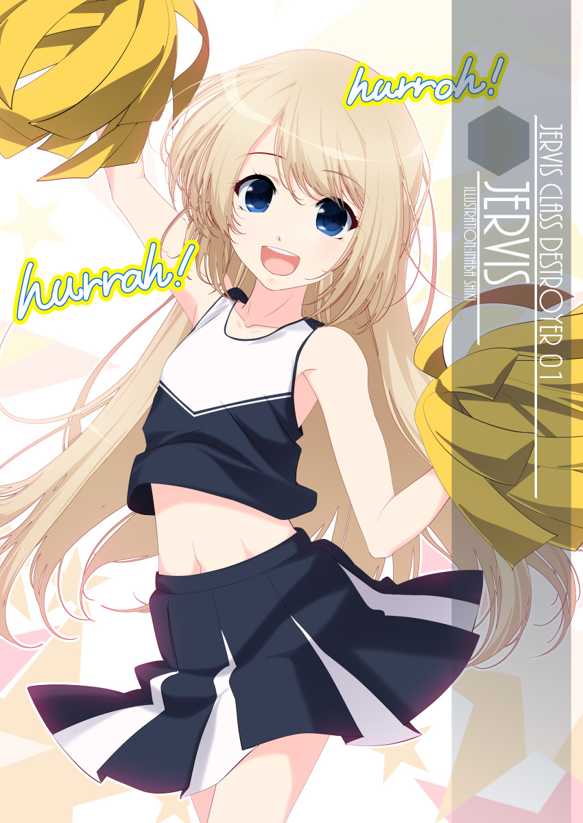 1girl, artist_name, black_skirt, blonde_hair, blue_eyes, character_name, cheerleader, commentary_request