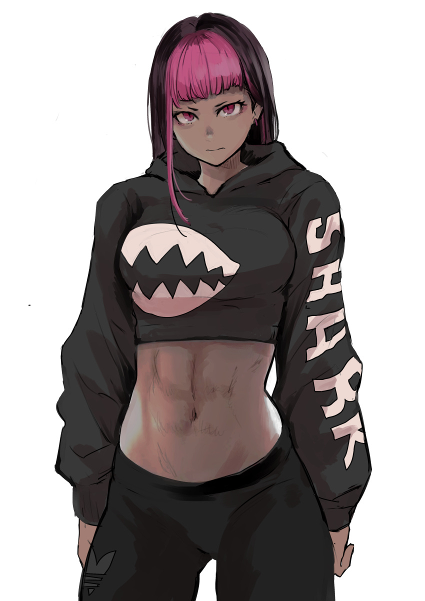 1girl, 6maker, abs, absurdres, adidas, alternate_hairstyle, arms_at_sides, bangs
