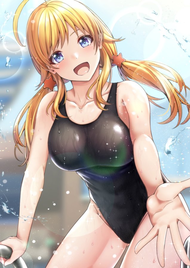 1girl, ahoge, black_swimsuit, blonde_hair, blue_eyes, blurry, blurry_background, breasts