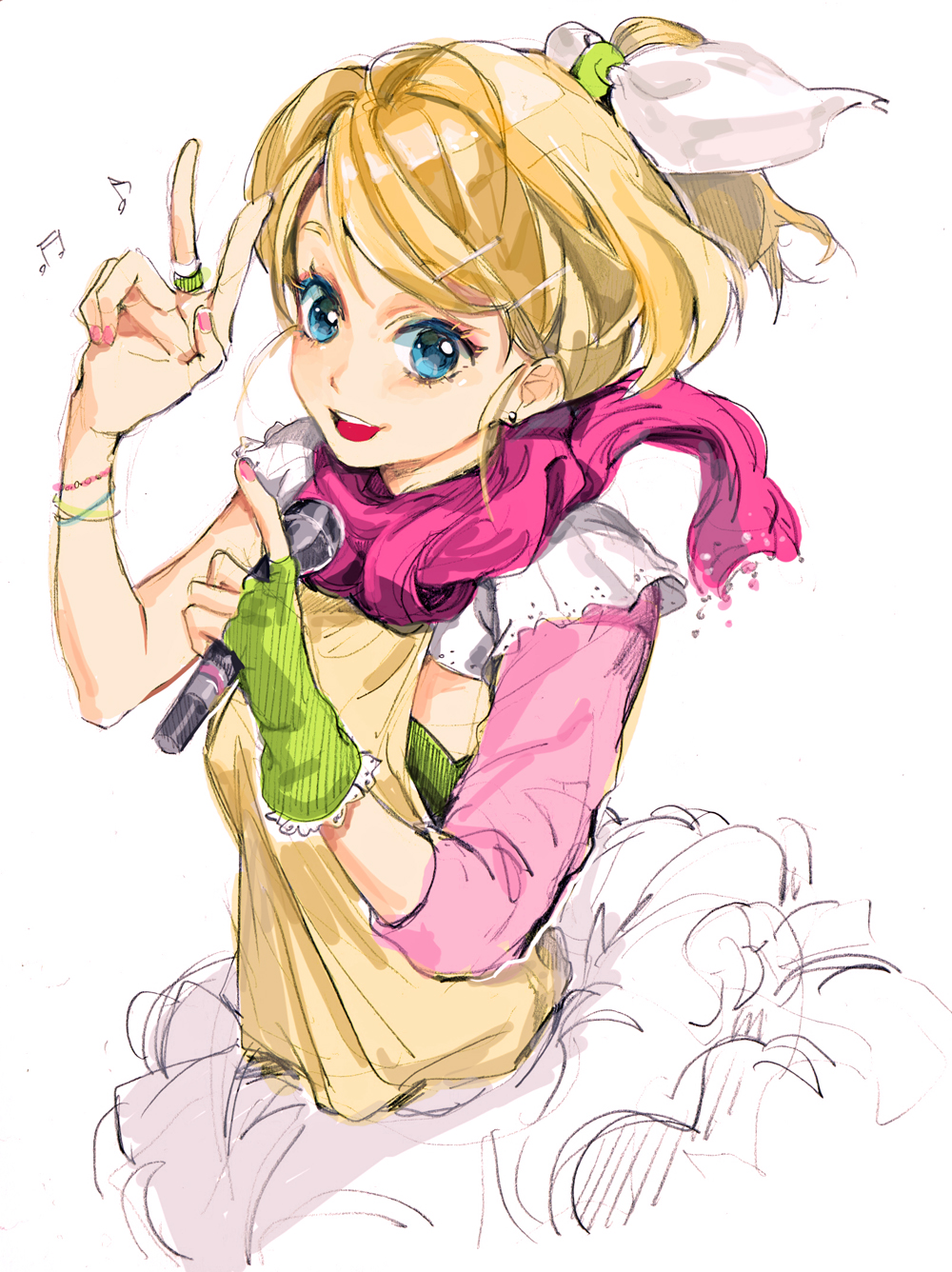 blonde_hair, bracelet, earrings, fingerless_gloves, gloves, hair_ornament, hair_ribbon, hairclip