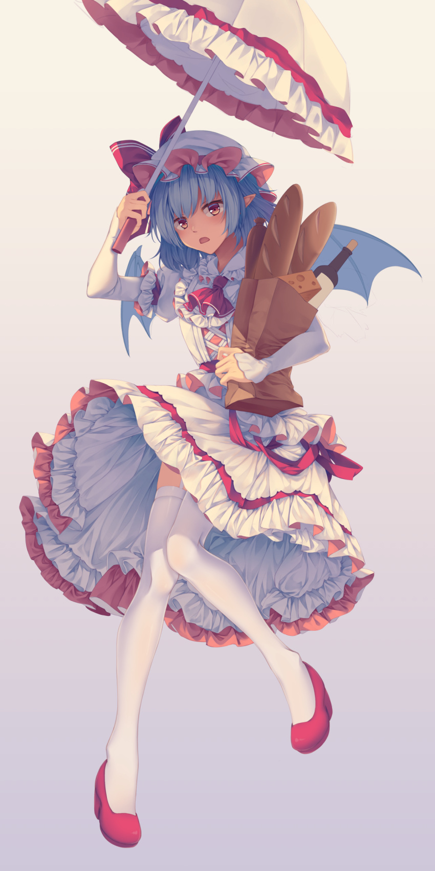 1girl, absurdres, alcohol, ascot, bag, baguette, bat_wings, blue_hair
