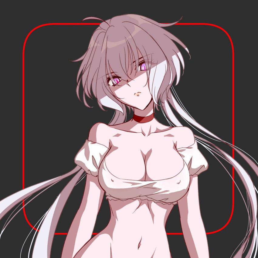 1girl, axia-chan, bare_shoulders, breasts, choker, covered_nipples, cowboy_shot, dark_persona