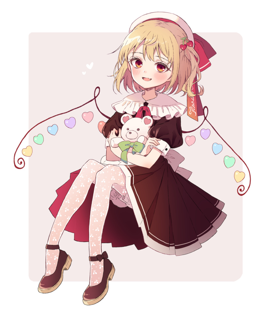 1girl, black_dress, blonde_hair, bloomers, blush, character_name, cherry_hair_ornament, cherry_print