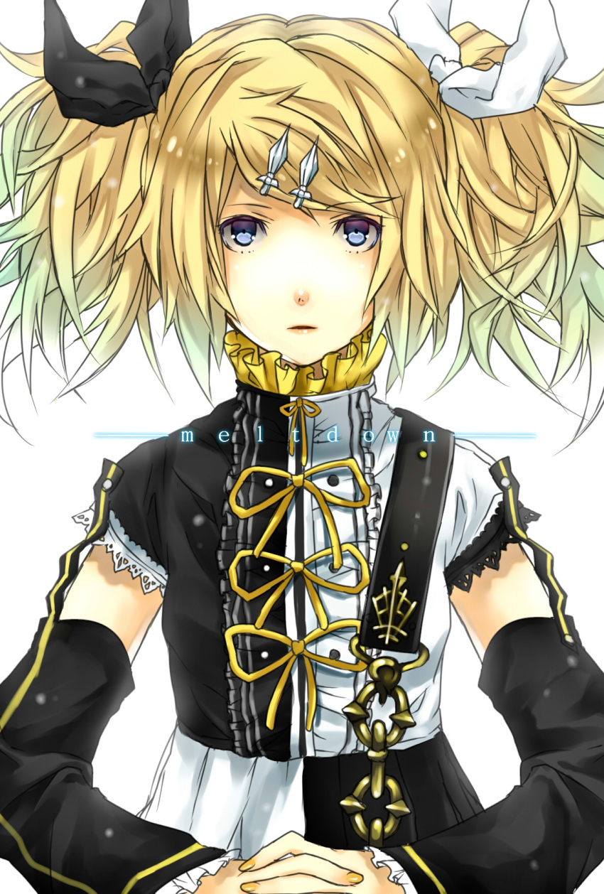 aqua_eyes, blonde_hair, detached_sleeves, dress, gothic, hair_ornament, hair_ribbon, hairclip, highres, kagamine_rin, kagamine_rin_(meltdown), kagamine_rin_(roshin_yuukai/hard_rkmix), meltdown_(vocaloid), ribbon, roshin_yuukai_(vocaloid), short_hair, solo, twintails, vocaloid, yunomachi