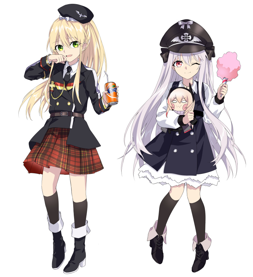 2girls, absurdres, beret, black_dress, black_footwear, black_headwear, black_jacket, black_legwear