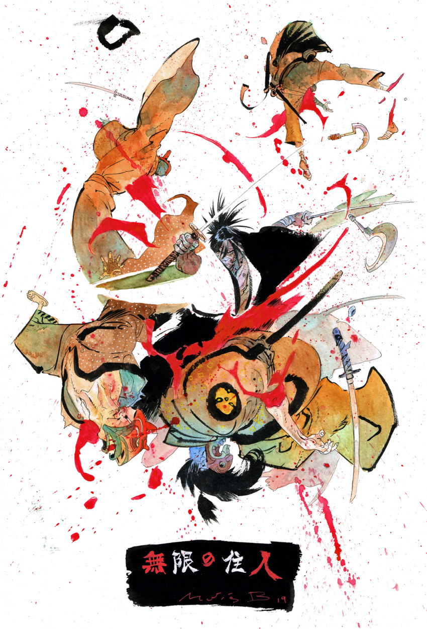 5boys, bandages, bangs, black_hair, black_hakama, blade_of_the_immortal, bleeding, blood