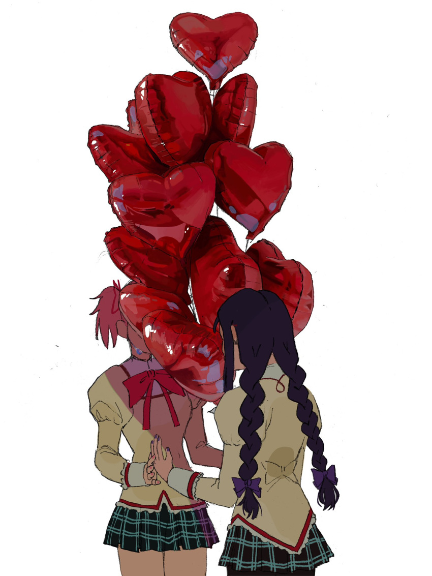2girls, akemi_homura, balloon, black_hair, braid, cordrawroy, hair_ribbon, hidden_face