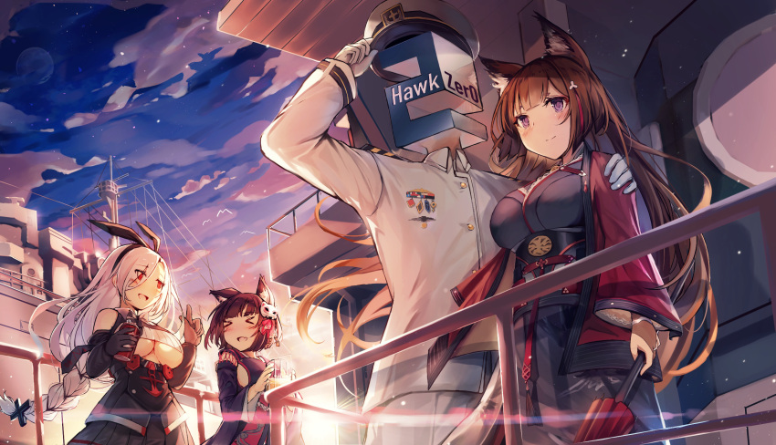 >_<, 1boy, 3girls, amagi_(azur_lane), animal_ear_fluff, animal_ears, azur_lane, bare_shoulders
