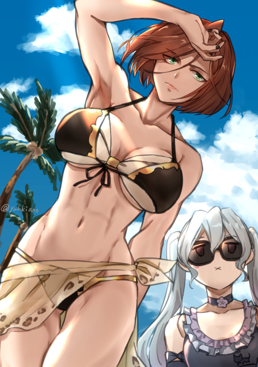 2girls, :x, abs, absurdres, arm_up, armpits, bangs, bikini, black_knight_(granblue_fantasy), breasts, brown_hair, choker, cowboy_shot, eyebrows_visible_through_hair, granblue_fantasy, green_eyes, groin, highres, large_breasts, layered_bikini, multiple_girls, muscular, muscular_female, navel, orchis, palm_tree, sarong, short_hair, sky, small_breasts, string_bikini, sunglasses, swimsuit, tree, twintails, white_hair, yuhkiano