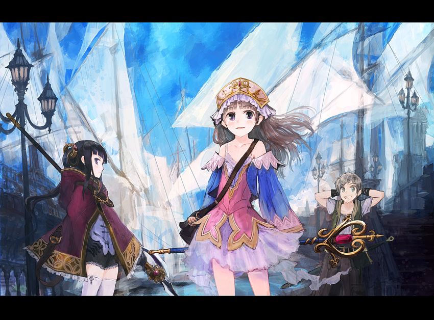 2girls, atelier_(series), atelier_totori, bare_shoulders, black_hair, blue_sleeves, brown_hair, closed_mouth