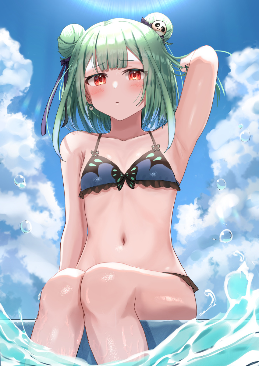 1girl, absurdres, adapted_costume, animal_print, arm_support, arm_up, armpits, bikini