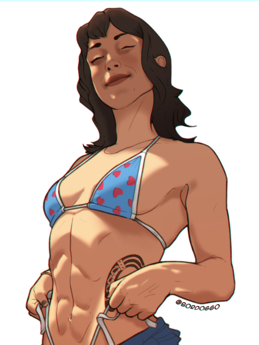 abs, absurdres, biceps, bikini, bikini_bottom, bikini_top, blue_bikini, bordoggo, bra, breasts, brown_hair, highres, muscular, muscular_female, panties, panty_pull, self_upload, shorts, sideboob, small_breasts, smile, string_bikini, swimsuit, tattoo, underwear