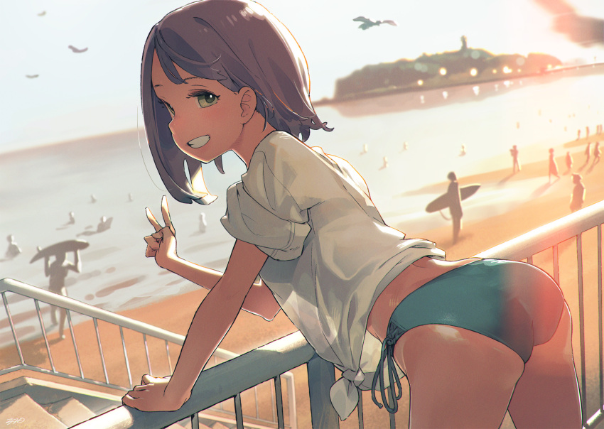1girl, aqua_bikini, ass, bangs, beach, bent_over, bikini, bikini_bottom