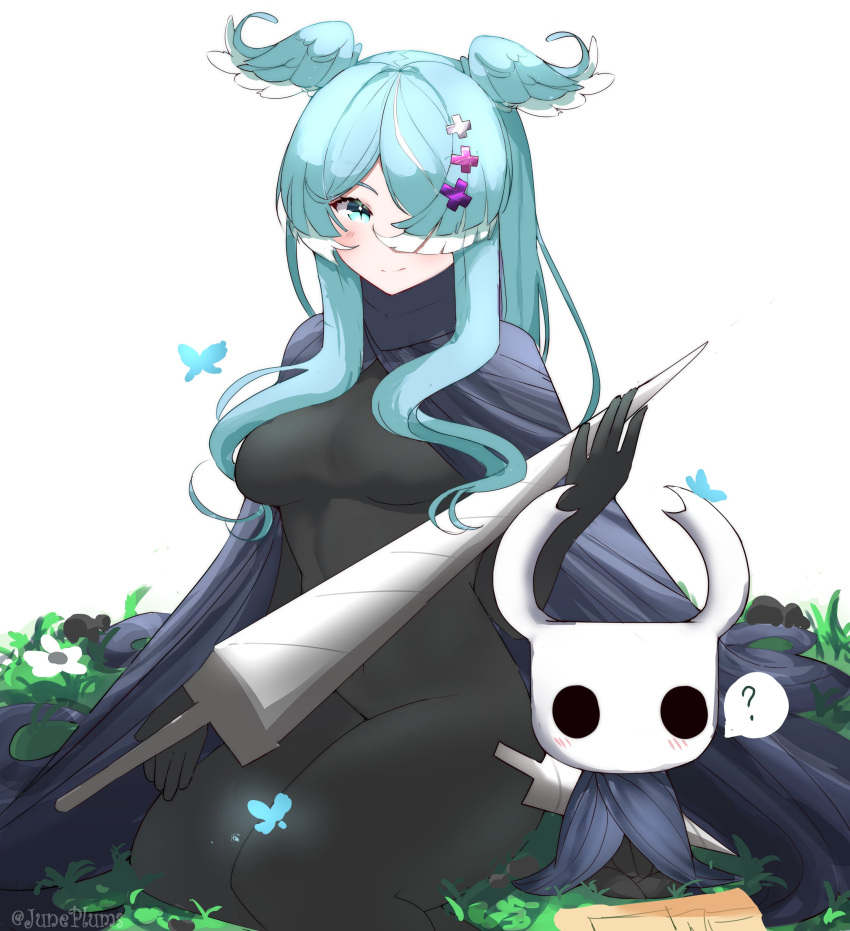 1girl, 1other, ?, absurdres, black_bodysuit, blue_butterfly, blue_cape, blue_eyes