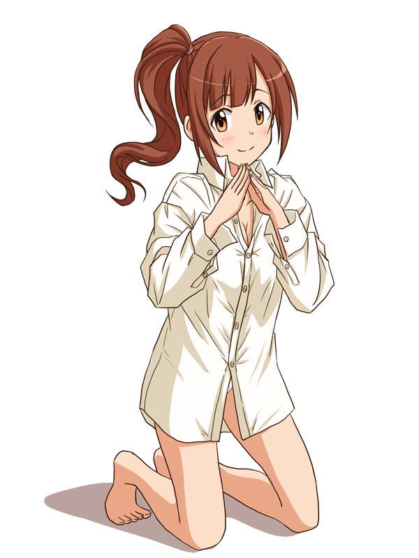 1girl, bangs, barefoot, brown_eyes, brown_hair, closed_mouth, commentary_request, dress_shirt
