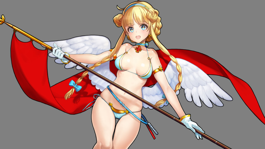 +_+, 1girl, angel_wings, armlet, ass_visible_through_thighs, bangs, belt, bikini