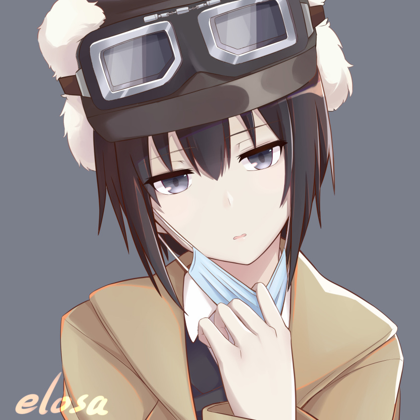 1girl, androgynous, artist_name, bangs, black_eyes, black_hair, black_jacket, brown_coat, close-up, coat, dress_shirt, elo_suna, fur_hat, goggles, goggles_on_headwear, hair_between_eyes, hand_on_own_chest, hat, head_tilt, highres, jacket, kino_(kino_no_tabi), kino_no_tabi, looking_at_viewer, lowered_eyelids, mask, mask_pull, mouth_mask, parted_lips, portrait, shirt, short_hair, solo, surgical_mask, tomboy, ushanka, white_shirt