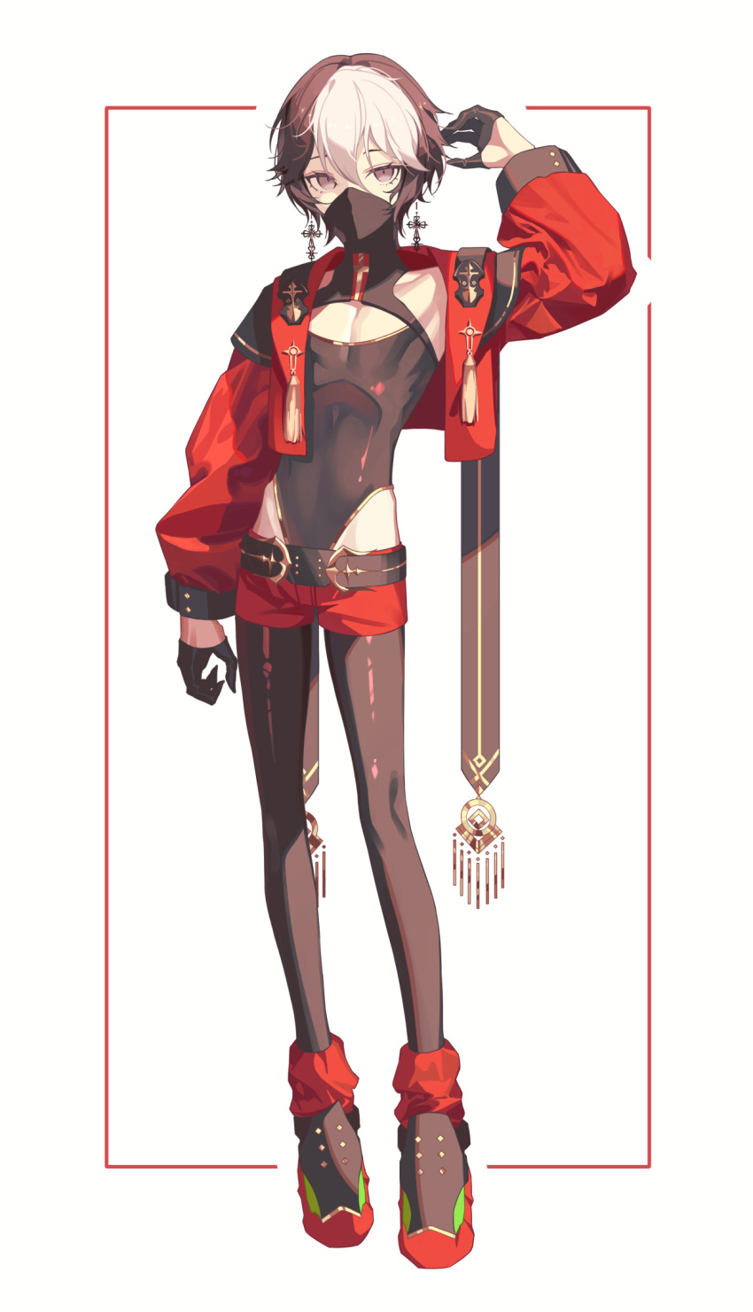 1boy, belt, black_gloves, black_hair, black_legwear, black_leotard, black_mask, cleavage_cutout, clothing_cutout, commentary_request, cropped_jacket, cross, cross_earrings, earrings, full_body, gloves, grey_eyes, half_gloves, hand_up, highres, indie_virtual_youtuber, jacket, jewelry, legwear_under_shorts, leotard, long_sleeves, looking_at_viewer, male_focus, mask, mouth_mask, multicolored_hair, open_clothes, open_jacket, pantyhose, red_jacket, red_shorts, short_hair, shorts, skin_tight, skylar_edm, solo, tassel, tsuki-shigure, two-tone_hair, virtual_youtuber, white_background, white_hair