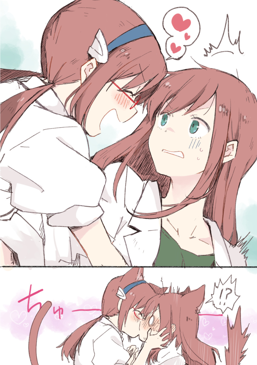 !?, 2girls, animal_ear_fluff, animal_ears, brown_hair, cat_ears, cat_tail, evangelion:_3.0+1.0_thrice_upon_a_time