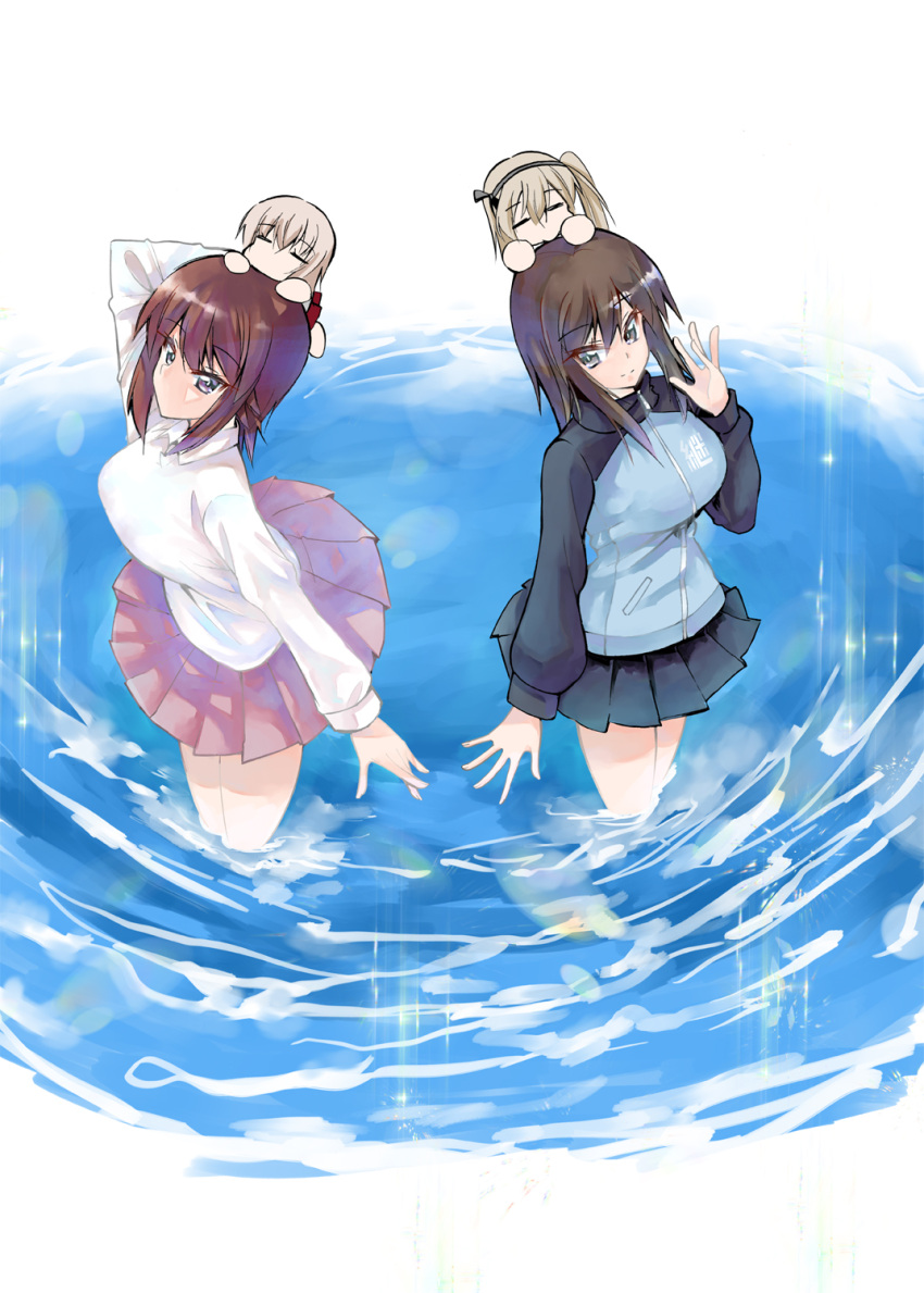 aki_(girls_und_panzer), arm_up, bangs, black_ribbon, blue_jacket, blue_skirt, brown_eyes, brown_hair