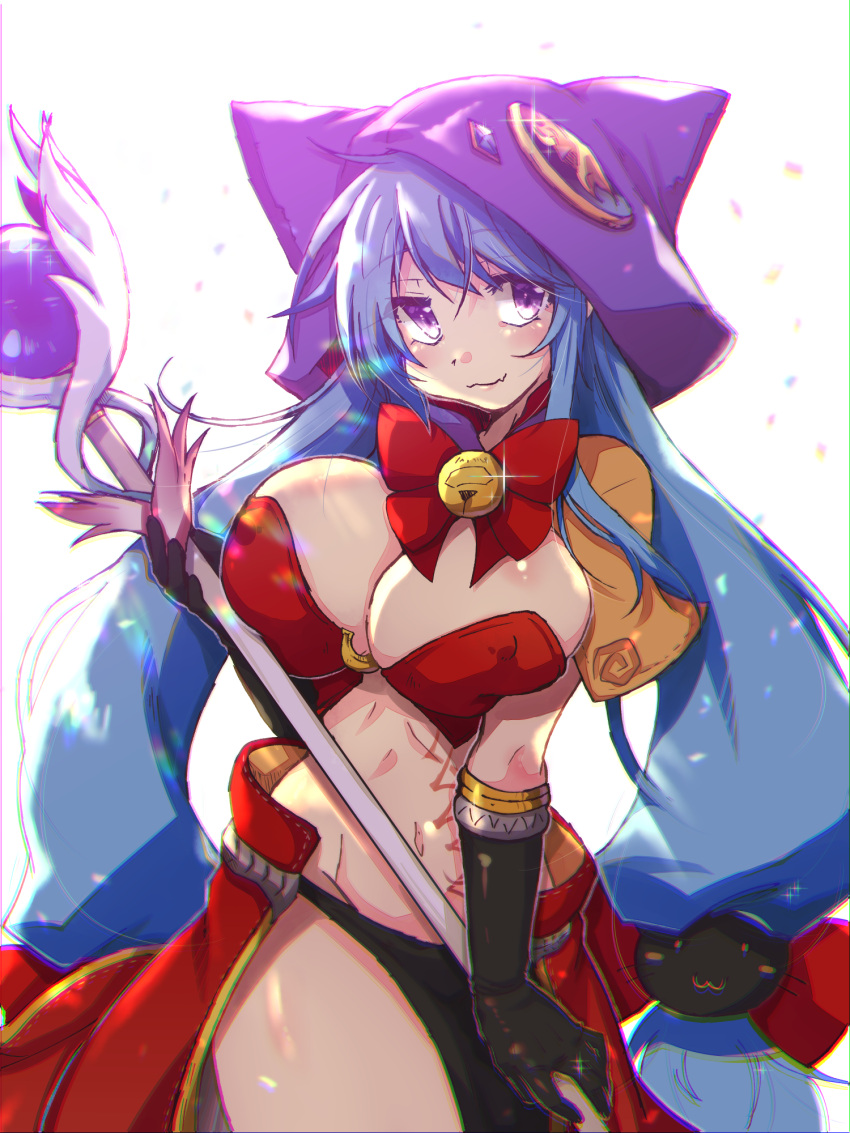 1girl, :3, bangs, bikini, bikini_top, black_gloves, blue_hair, blush, breasts, brown_capelet, capelet, closed_mouth, commentary_request, commission, covered_nipples, cowboy_shot, crossover, elbow_gloves, eyebrows_visible_through_hair, gloves, hat, highres, holding, holding_staff, kamihime_project, large_breasts, long_hair, looking_at_viewer, mage_(ragnarok_online), merlin_(kamihime_project), midriff, navel, pelvic_curtain, pillow_hat, purple_headwear, ragnarok_online, red_bikini, red_skirt, showgirl_skirt, skeb_commission, skirt, smile, solo, staff, swimsuit, tanono, very_long_hair, violet_eyes, white_background