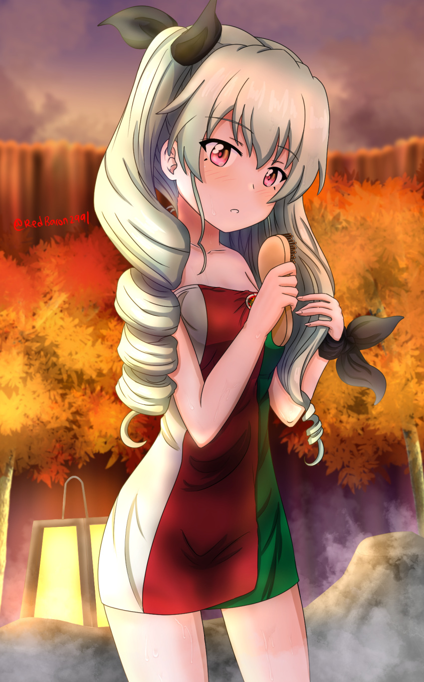 1girl, anchovy_(girls_und_panzer), anzio_(emblem), bangs, black_ribbon, blurry, blurry_background, commentary