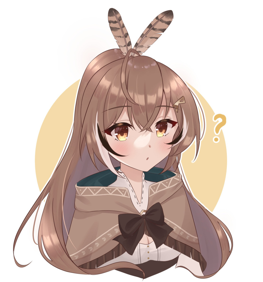 1girl, :o, ?, bangs, bow, brown_bow, brown_capelet, brown_eyes, brown_hair, capelet, ceres_fauna_(artist), eyebrows_visible_through_hair, feather_hair_ornament, feathers, hair_between_eyes, hair_ornament, hairclip, highres, hololive, hololive_english, long_hair, nanashi_mumei, ponytail, shirt, simple_background, solo, upper_body, virtual_youtuber, white_background, white_shirt