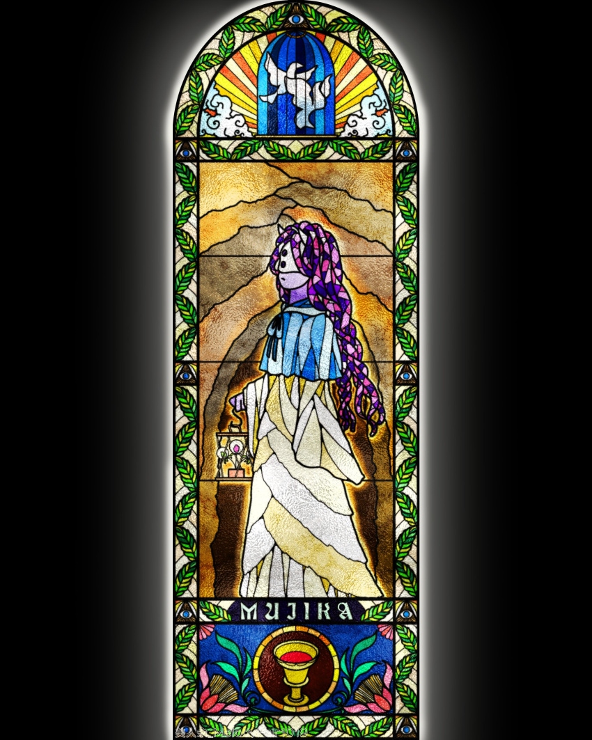 1girl, absurdres, bird, black_background, character_name, demon_girl, dove, eye_of_providence