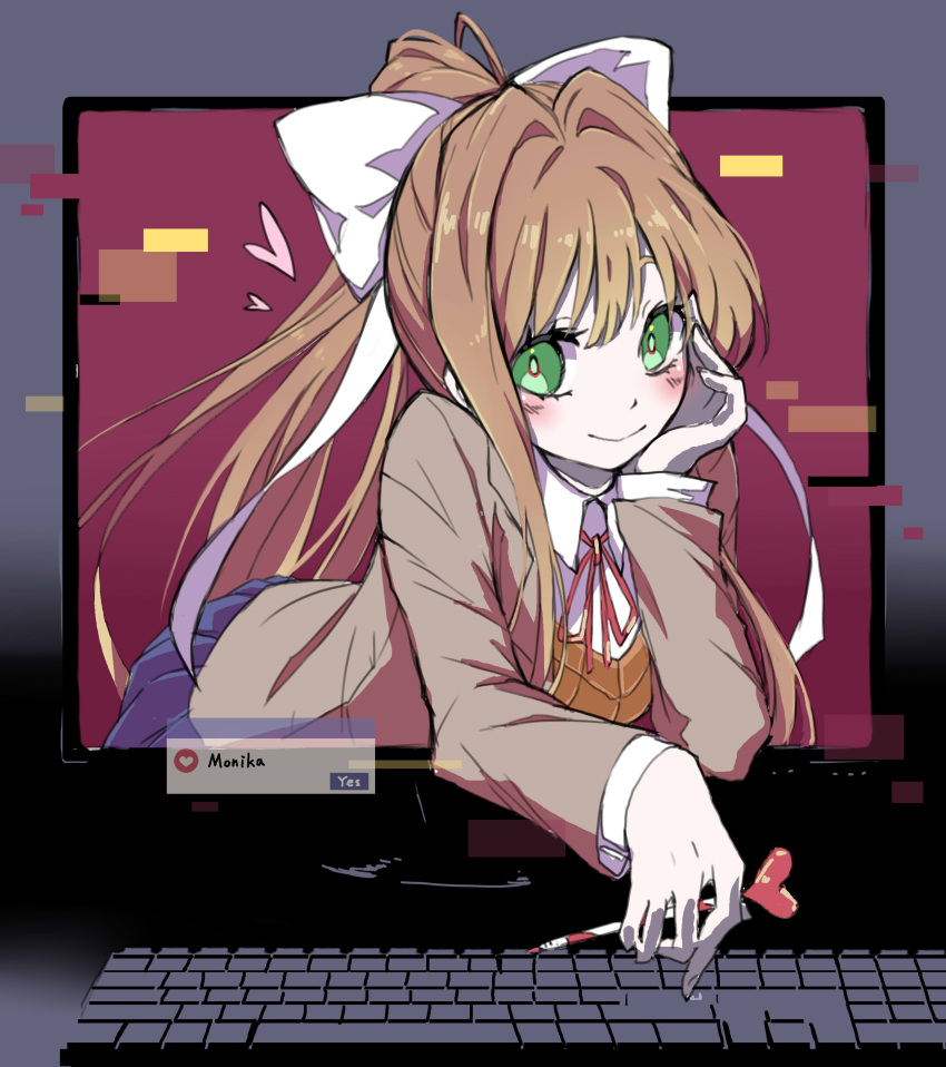 1girl, absurdres, blazer, blue_skirt, brown_hair, computer, doki_doki_literature_club, glitch